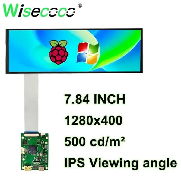 Wisecoco Пиксельный экран Длинный вытянутый экран 7.84"1280×400, панель MIPI с платой, для системного мониторинга и Raspberry Pi,volumio, оливковый, светло-серый