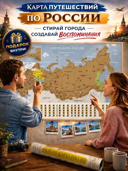 Скретч карта России настенная "Путешествуй и стирай" для детей и взрослых. Географическая карта
