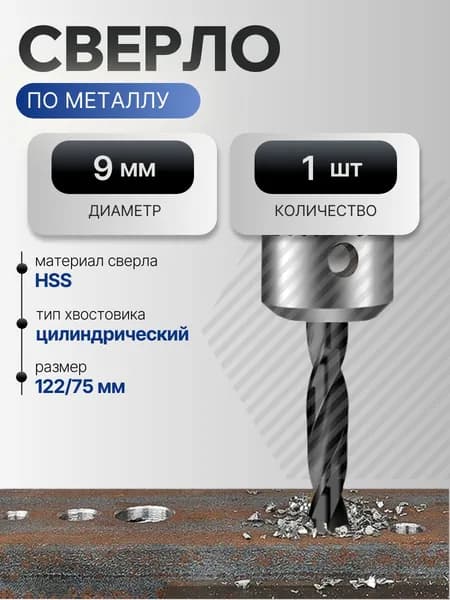 Сверло по металлу 9 мм, HSS, 1 шт.