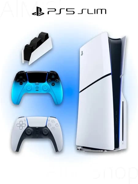 Игровая приставка Sony PlayStation 5 Slim с дисководом + 2 геймпад (сине-черный, Rythm Blue) + зарядная станция