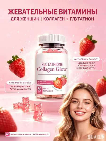 Жевательные витамины для женщин, коллаген с глутатионом - 60шт, бьюти-комплекс для кожи, уход после бариатрии