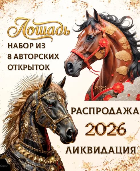 Лошадь символ 2026 года набор из 8 авторских открыток коллекционное качество