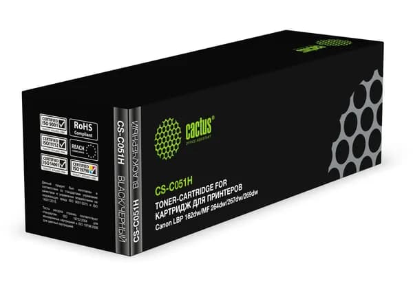 Картридж лазерный Cactus CS-C051 (051/2168C002), черный, 1700 страниц, совместимый, для Canon LBP 162dw/MF 264dw/267dw/269dw