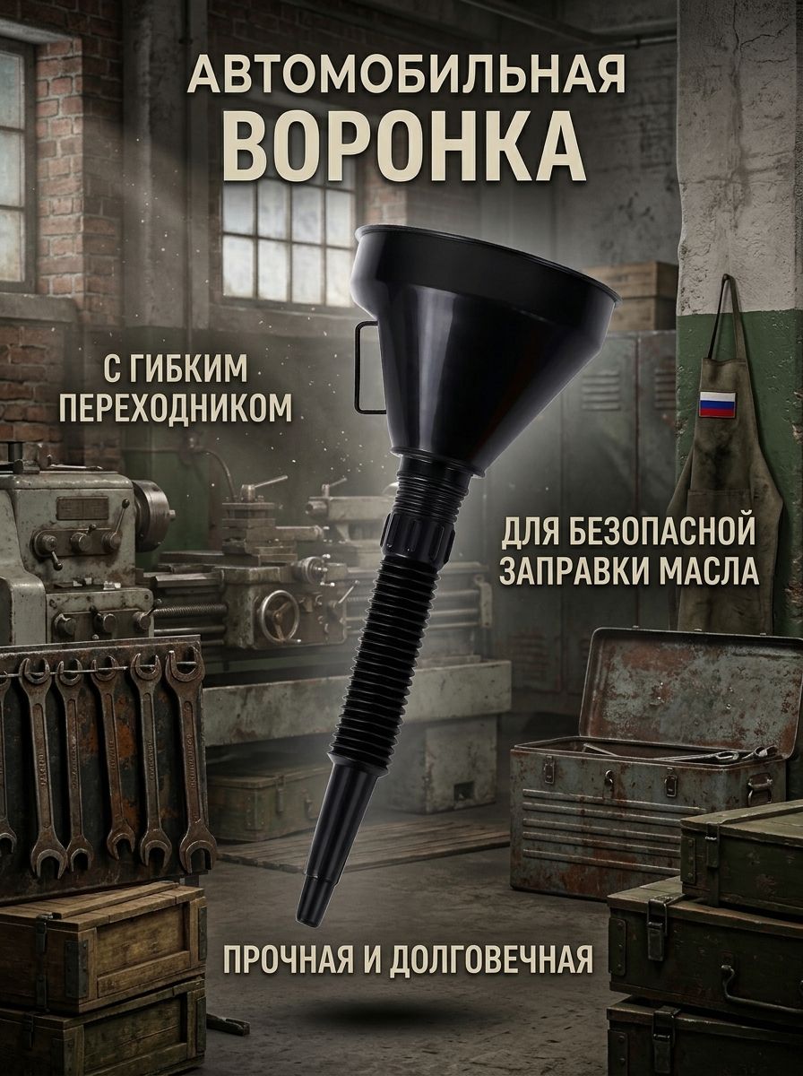 Воронка пластиковая автомобильная съемный шланг,с сеткой-фильтром, диаметр.