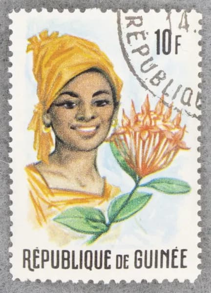Почтовая марка "Ixora and Woman" Номинал 10 f. Republique de Guinee. 1966 год. (Michel GN 374A)