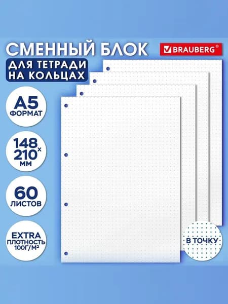 Сменный блок для тетради на кольцах А5, 60 л., BRAUBERG, EXTRA ПЛОТНЫЙ 100 г/м2, в точку, белый, 405018