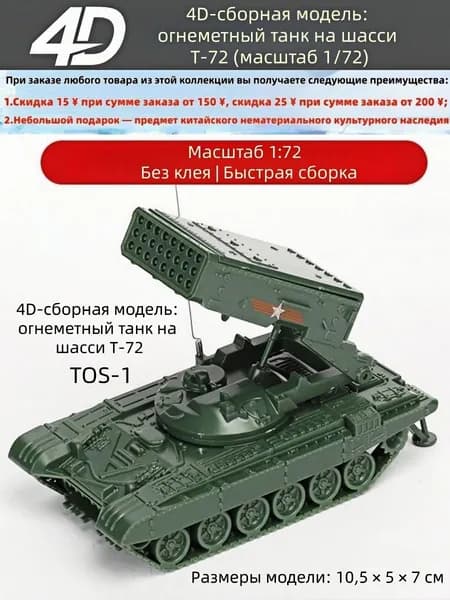 ТОС-1 на шасси Т-72, 4D сборная модель 1:72, 20 деталей, размер 10,5 см, сборка без клея, военный зелёный