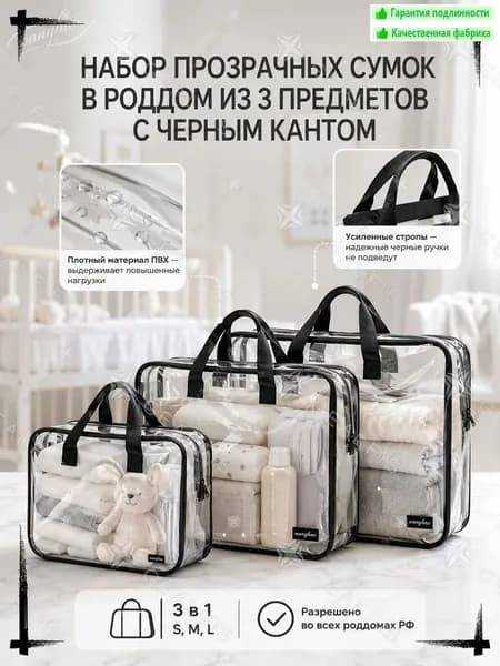 Сумки в роддом набор 3 шт, прозрачные, матовые, размеры S M L