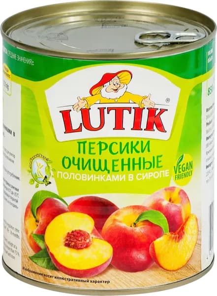 Персики LUTIK половинки в сиропе, очищенные, 850мл