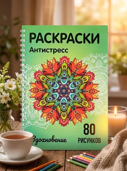 Раскраска антистресс для взрослых и детей "Вдохновение" 80 картинок: мандалы, красивые узоры, ловцы снов, пёрышки.