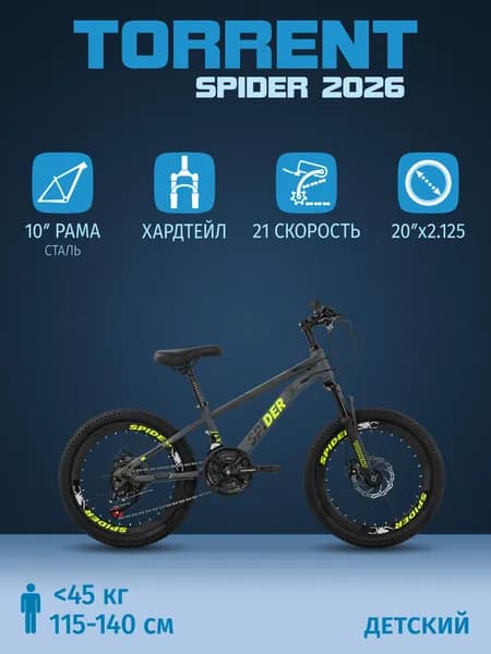Велосипед TORRENT Spider 2026 (рама СТАЛЬ 14", подростковый, 21 скоростьй, колеса 20д)