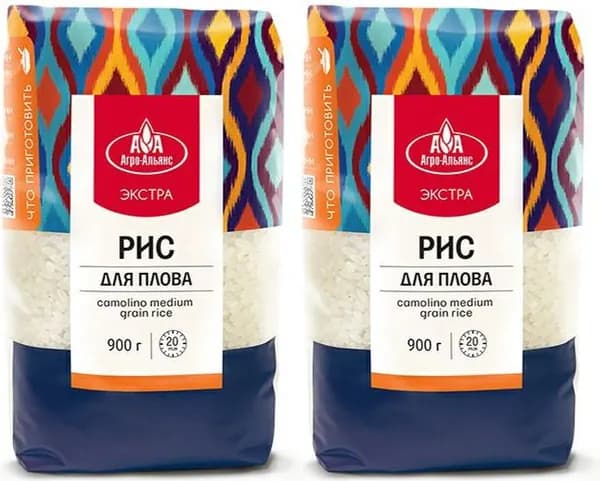 Рис Агро-Альянс Экстра для плова, комплект: 2 упаковки по 900 г