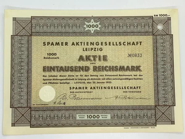 Акция Германия. АО по борьбе со спамом, г.Лейпциг, 1000 Рейхсмарок 1933 №58