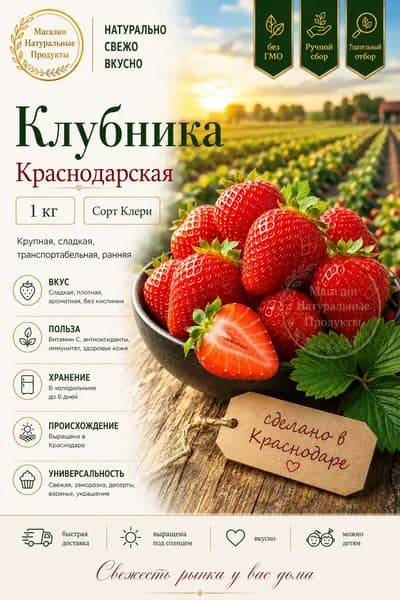 Клубника Клери свежая, Краснодар, 1 кг ранний сорт, сладкая, ароматная