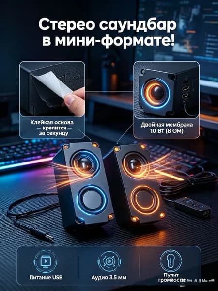 Мини-колонки для ПК, 8 Ом 10 Вт-стереодинамики с двойной мембраной, встроенный USB и 3.5 мм джек для ноутбука и самоделок.