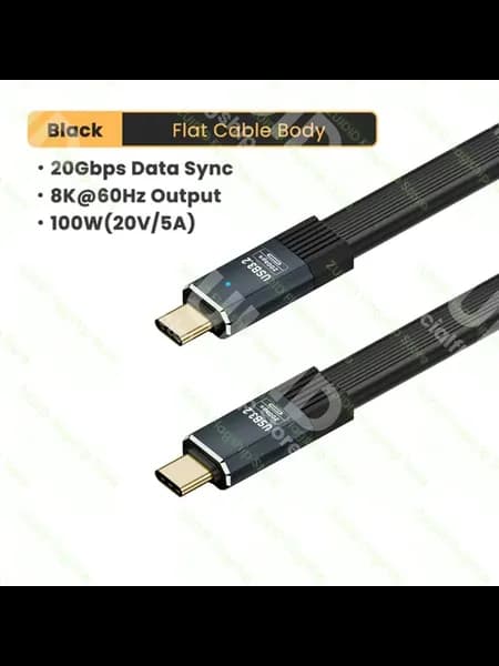 Плоский USB3.2 C кабель, черный, 0.8M, 20 Гбит с