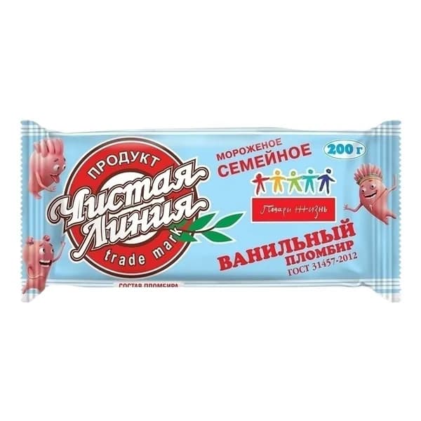Мороженое пломбир Чистая линия Семейное ванильное БЗМЖ 200 г