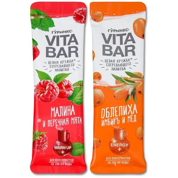 Витаминный напиток чай Vita Bar Гурмикс 2 вкуса "Малина, перечная мята", "Облепиха, имбирь, мед", 25 мл, 2 шт.