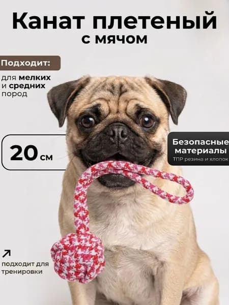 Игрушка канат для собак мелких и средних пород НЕСКУЧАЙКА, цвет красная