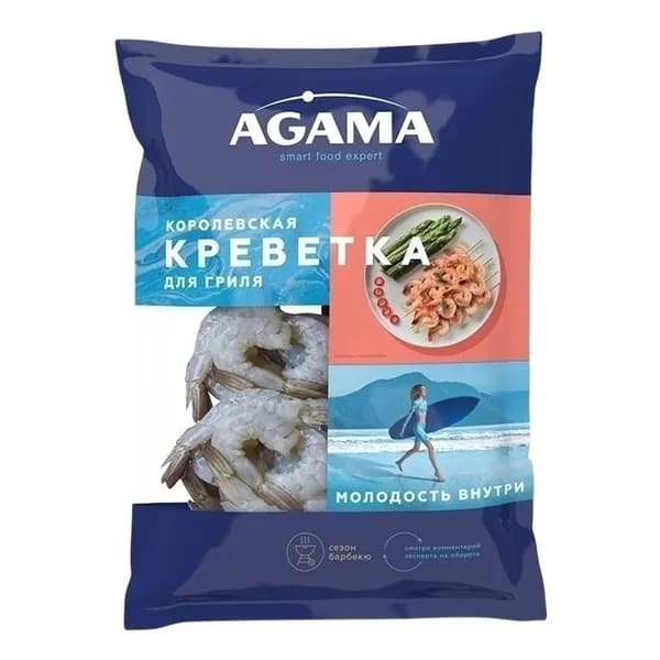 Креветки Agama Сезон Барбекю королевские очищенные с хвостом № 8 замороженные 850 г