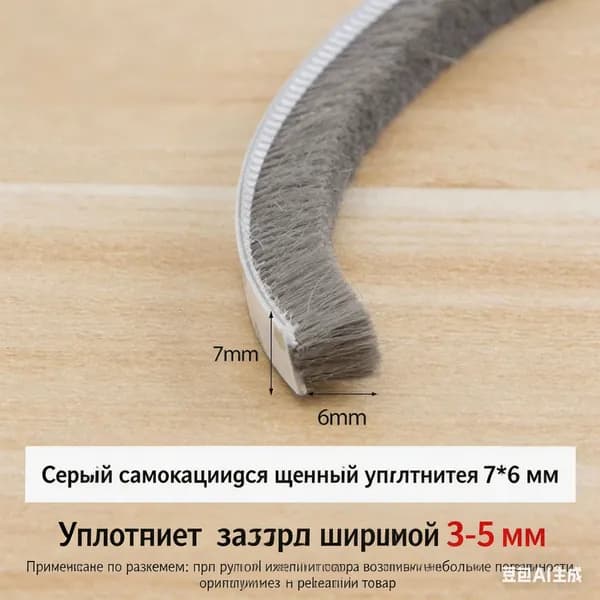 Самоклеящаяся щетка-уплотнитель 7х6 мм, 5 м, серый, для окон и дверей от сквозняка и пыли
