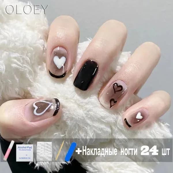 Накладные ногти розовый узор в виде сердца любви 24 шт ( 24 типсы + клей+ клеевые стикеры + пилочка )