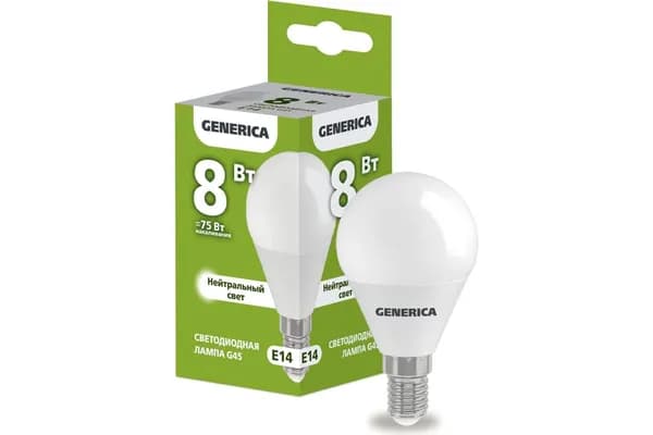 Лампочка светодиодная led E14 шар 4000К GENERICA 8Вт 230В G45