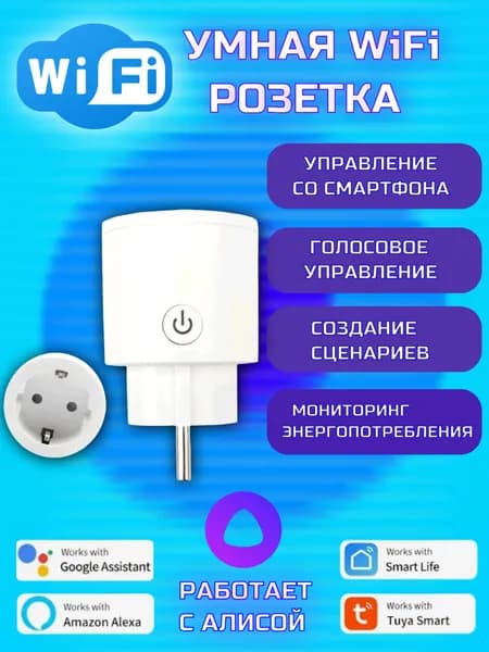 Умная Wi-Fi розетка с поддержкой голосовых помощников и мониторингом энергопотребления,16А, круглая