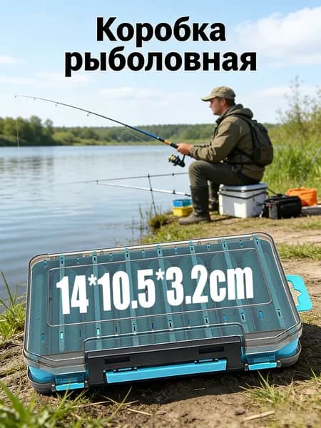 Рыболовный бокс-органайзер двухсторонний, 14 отделений для воблеров и блёсен, усиленный PP