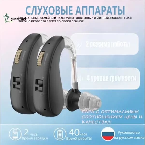 2 шт Слуховые аппараты для пожилых людей с зарядным устройством и усилителем звука, черное цвета