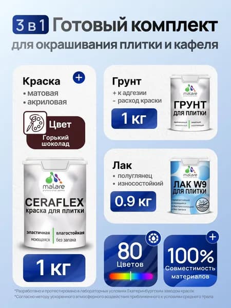 Комплект Malare LIPPO для окрашивания плитки и кафеля (1кг грунт + 1 кг краска + 0.9кг лак), акриловый, без запаха, быстросохнущий, полуглянцевый, цвет горький шоколад