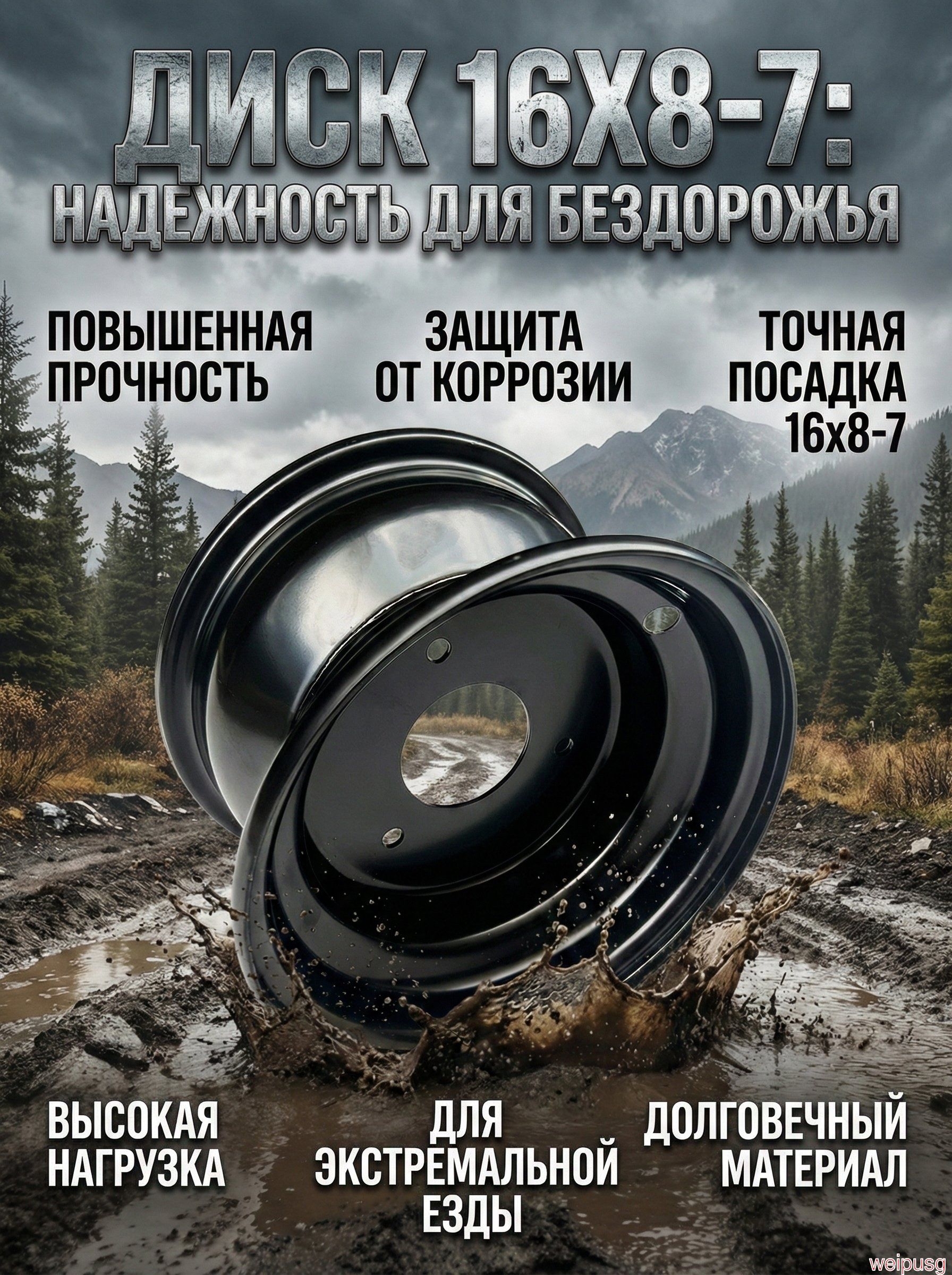 Колесный  железные диск квадроцикла 16X8.00-7,16X8-7; черное Мотошины  130/R7
