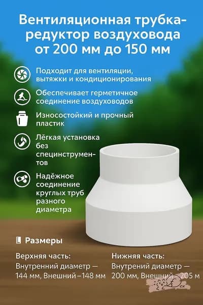 Вентиляционная трубка-редуктор воздуховода от 200 мм до 150 мм