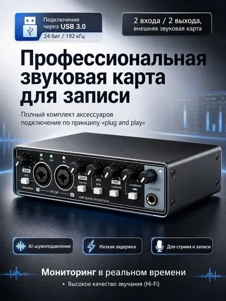 Звуковая карта USB 6.3mm 24bit/192kHz Аудиоинтерфейс с AI-подавлением шума для студийной записи вокала
