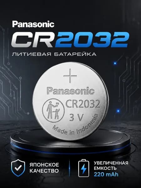 Panasonic Батарейка CR2032, Li (литиевый) тип, 220 мА•ч, 3 В, 1 шт