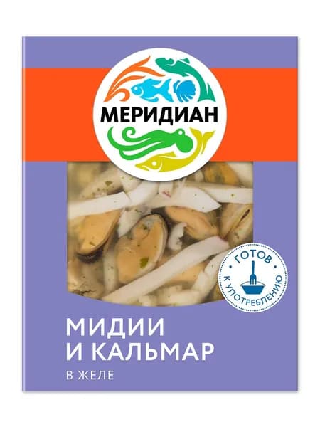 Мясо мидий и кальмар в желе с зеленью соломка, 200 г, Меридиан, отварные