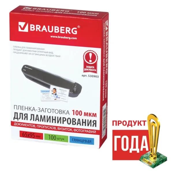 Пленки-заготовки для ламинирования МАЛОГО ФОРМАТА (65х95 мм) КОМПЛЕКТ 100 шт 100 мкм BRAUBERG 530903