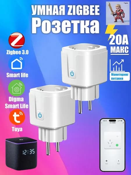 2шт Умная розетка ZigBee 3.0 EU 20A с Алисой, таймер и мониторинг