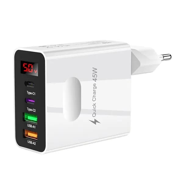 Зарядное устройство для смартфона на 45 Вт с 4 портами: 2 USB и 2 Type-C, цифровой дисплей, евростандарт, белый цвет