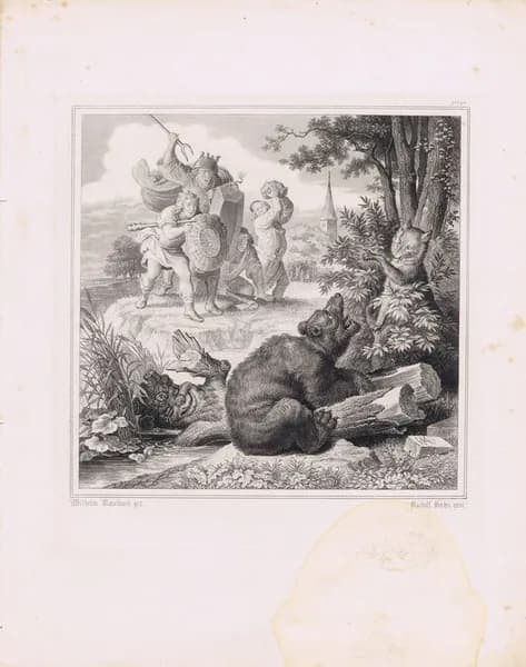 Лис Патрикеич (Рейнеке-лис). Крестьяне бегут к медведю Брауну, застрявшему в дубовом чурбане по вине коварного Рейнеке-лиса. Офорт. Россия, Санкт-Петербург, оттиск 1901 (доска 1867) года