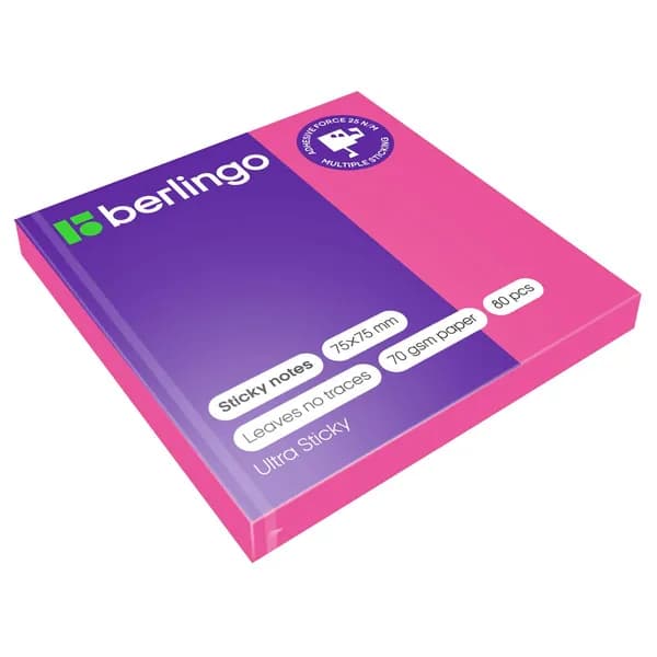 Самоклеящийся блок Berlingo "Ultra Sticky", 75*75мм, 80л., розовый неон (LSn_39203)