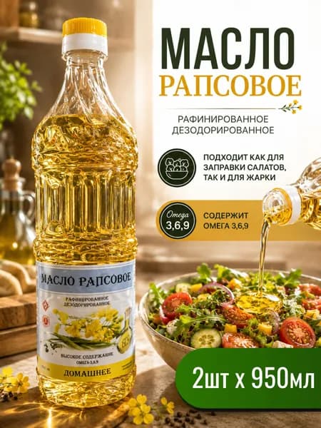 Рапсовое масло рафинированное "Домашнее" растительное, 2шт по 950мл / Масло рапсовое Беларусь