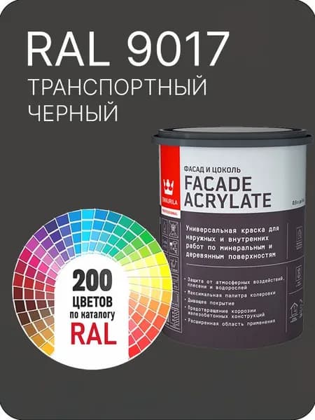 Tikkurila Facade Acrylate краска для фасадов и интерьеров цвет глубокий транспортный черный Ral 9017 0.9 л.