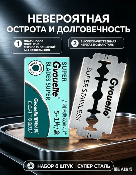 Лезвия для бритья двусторонние, нержавеющая сталь, комплект 6 шт - сменные кассеты для безопасной бритвы, острые стальные лезвия.