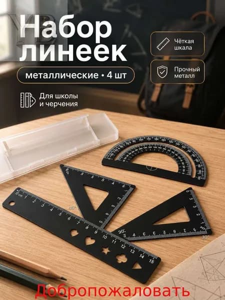 Школьный набор линеек , транспортир, треугольники 45 и 30 , металлический, синий