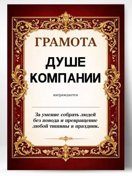 Грамота диплом в подарок - Душе компании