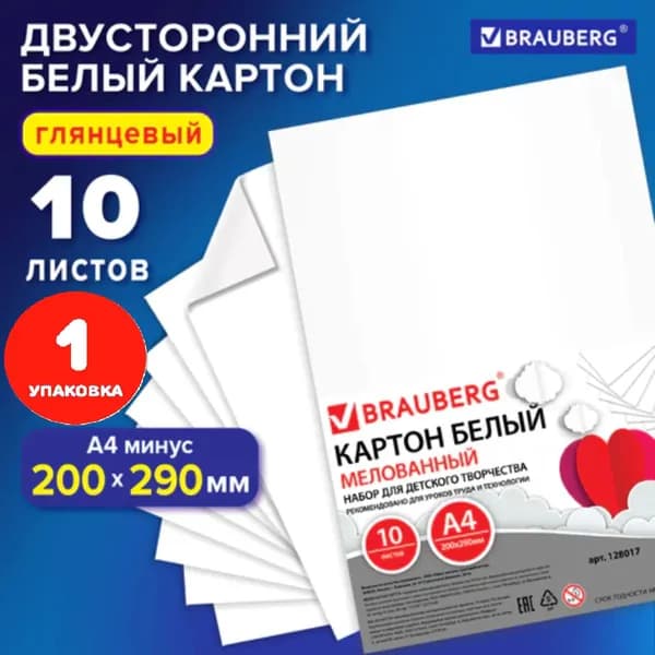 Картон белый А4 МЕЛОВАННЫЙ (белый оборот), 10 листов, 200х290 мм (1 упаковка)