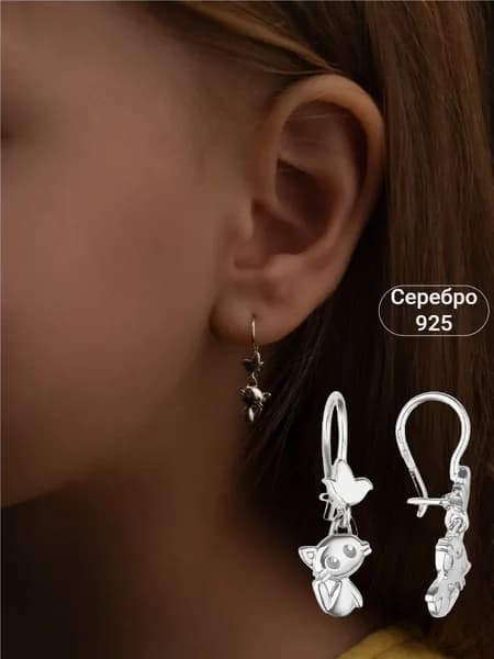 Детские серьги Кошечки Костромской Ювелирный Завод из серебра 925 без вставок