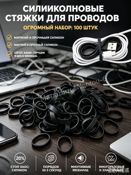 Органайзер для проводов стяжки силиноковые многоразовые 100 шт, кольца держатели для кабеля и зарядок на рабочий стол и в авто, черные