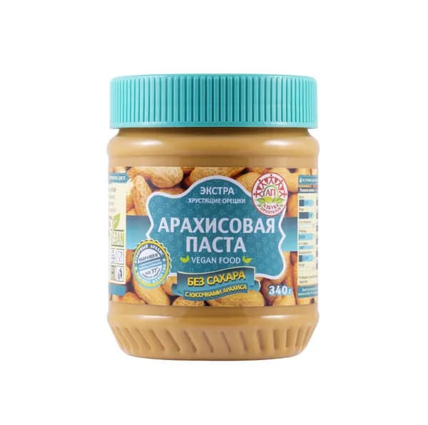 Паста арахисовая с кусочками арахиса без сахара Экстра , Азбука Продуктов , 340 г, Китай